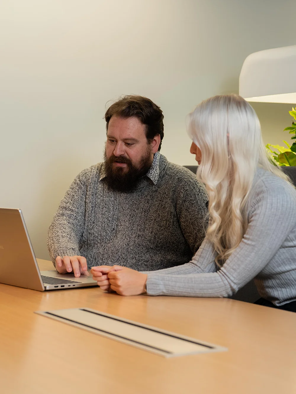 Two people looking at a laptop