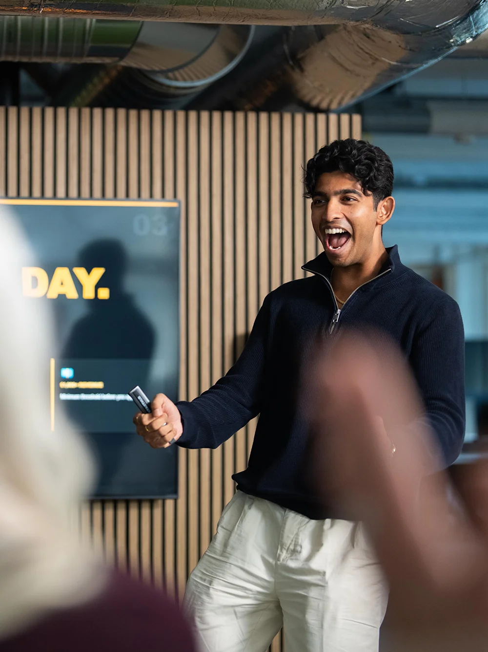 Man excited during a business pitch